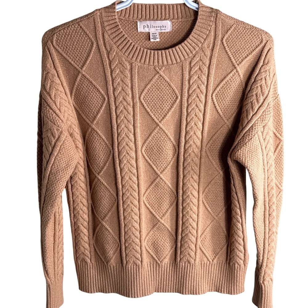 Philosophy Republic Clothing Womens Cable Knit Sweater Camel Tan Crew Neck XS